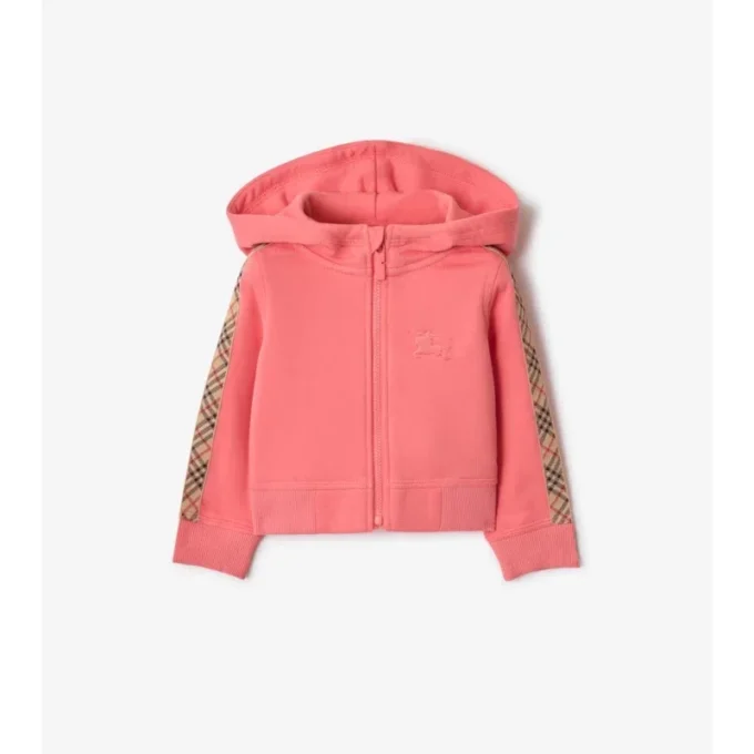 Huvtröja i bomull med dragkedja och rutmönstrad kant Huvtröja i bomull med dragkedja och rutmönstrad kant