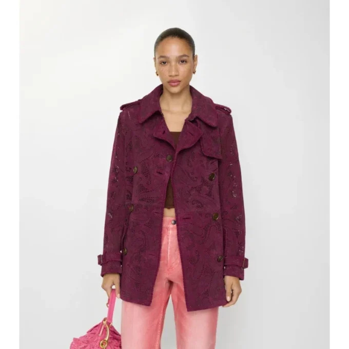 Kort Foxfield-trenchcoat i paisley-mönstrat mocka Kort Foxfield-trenchcoat i paisley-mönstrat mocka