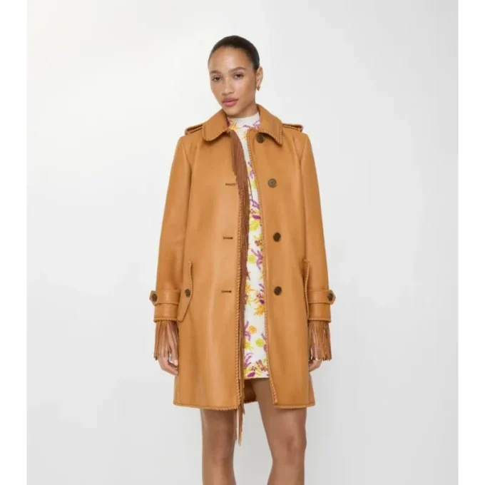 Kort läder Car Coat med fransar Kort läder Car Coat med fransar