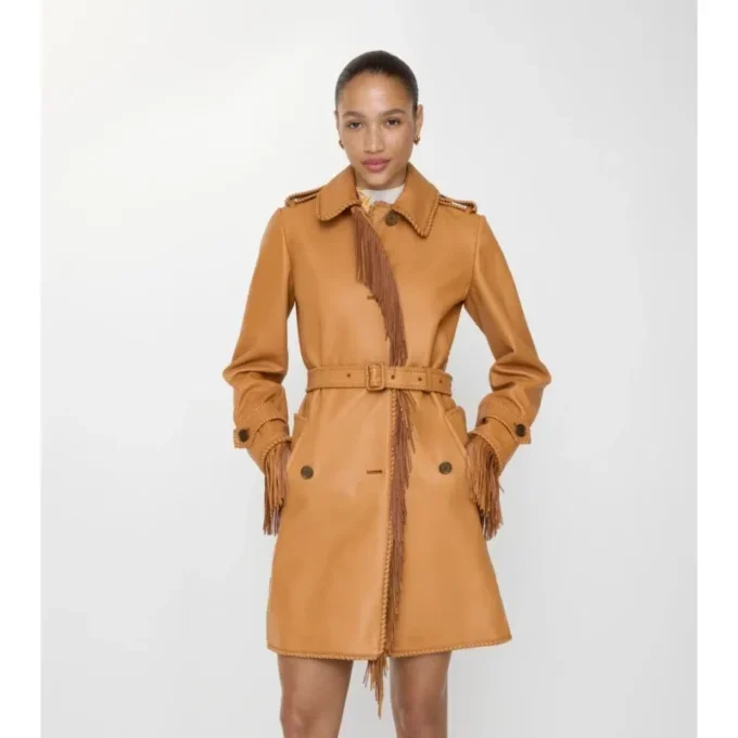 Kort läder Car Coat med fransar Kort läder Car Coat med fransar