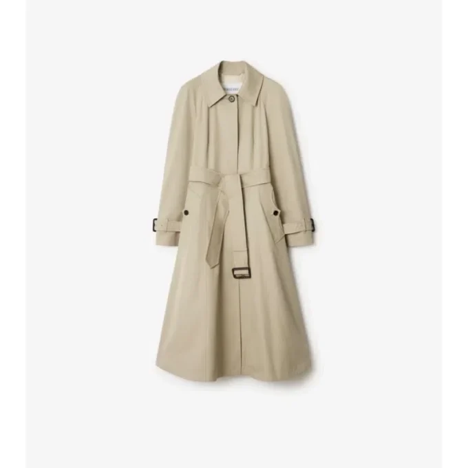 Lång gabardine-Car Coat i Ellingham-modell med utsvängd kjol Lång gabardine-Car Coat i Ellingham-modell med utsvängd kjol