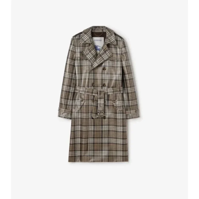Lång rutig raffia-effekt-trenchcoat Lång rutig raffia-effekt-trenchcoat