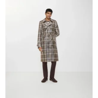 Lång rutig raffia-effekt-trenchcoat