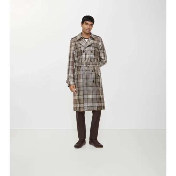 Lång rutig raffia-effekt-trenchcoat Lång rutig raffia-effekt-trenchcoat