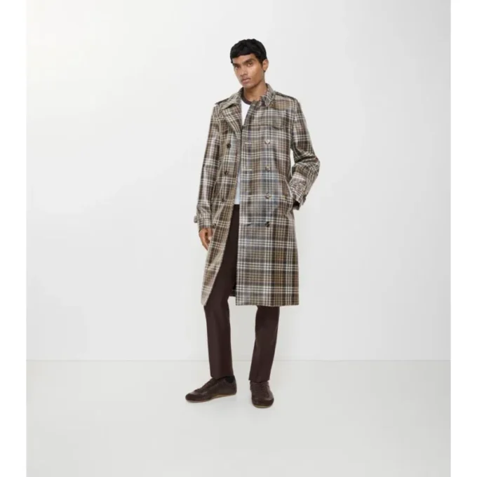 Lång rutig raffia-effekt-trenchcoat Lång rutig raffia-effekt-trenchcoat