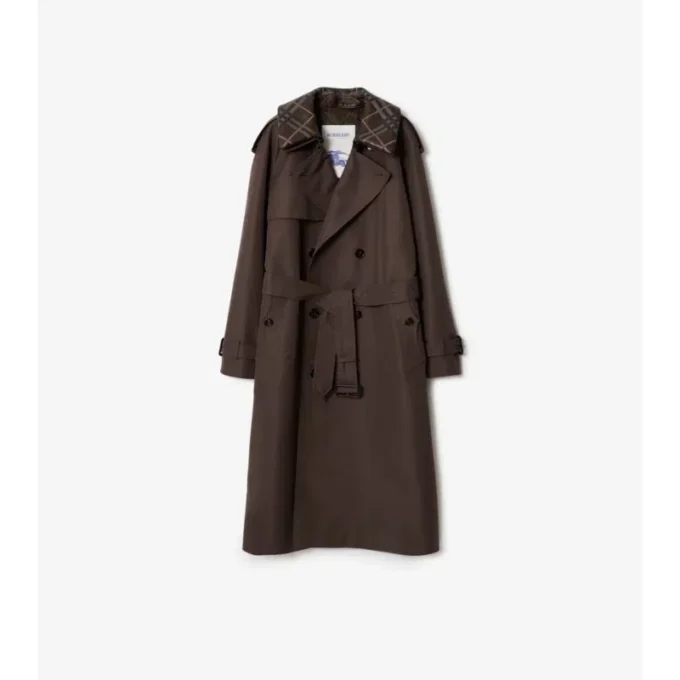 Lång Trench Coat i silkesbomull med rutmönstrad krage Lång Trench Coat i silkesbomull med rutmönstrad krage