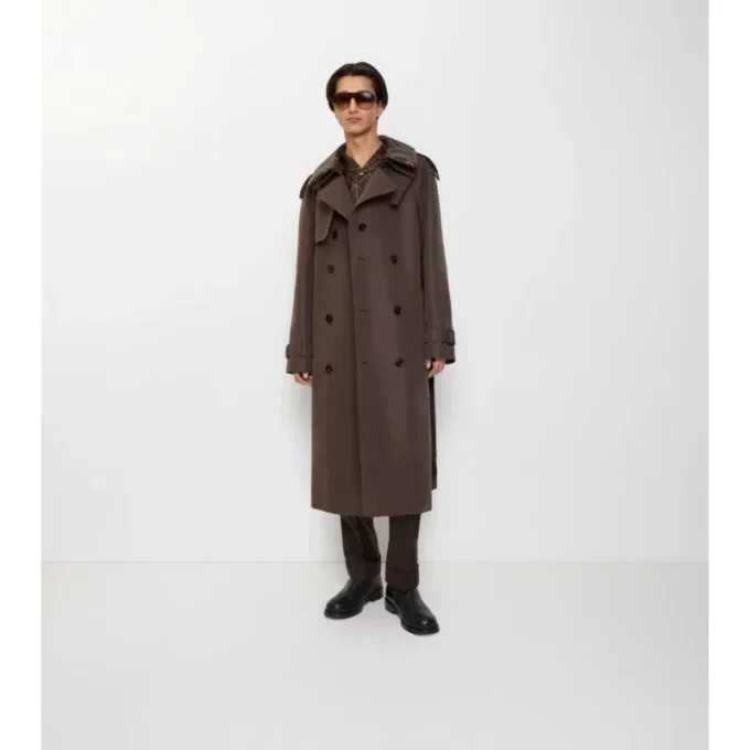 Lång Trench Coat i silkesbomull med rutmönstrad krage Lång Trench Coat i silkesbomull med rutmönstrad krage