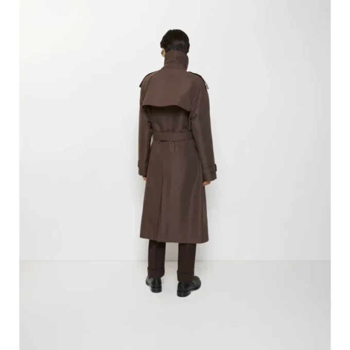 Lång Trench Coat i silkesbomull med rutmönstrad krage Lång Trench Coat i silkesbomull med rutmönstrad krage