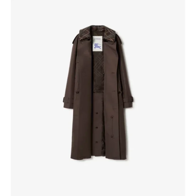 Lång Trench Coat i silkesbomull med rutmönstrad krage Lång Trench Coat i silkesbomull med rutmönstrad krage