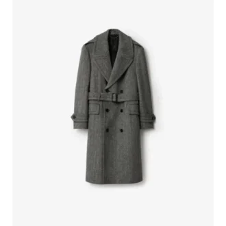 Lång trenchcoat i fiskbensmönstrad ull