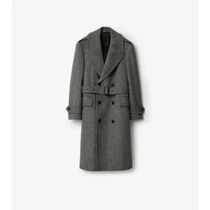 Lång trenchcoat i fiskbensmönstrad ull Lång trenchcoat i fiskbensmönstrad ull