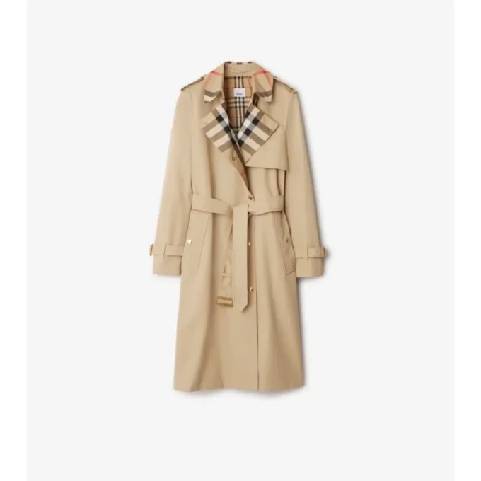 Lång trenchcoat i gabardin med rutig krage Lång trenchcoat i gabardin med rutig krage