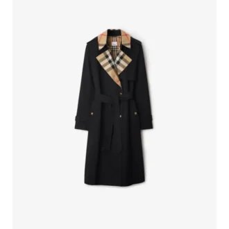 Lång trenchcoat i gabardin med rutig krage