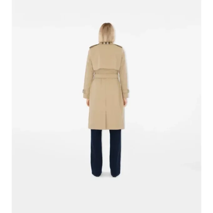 Lång trenchcoat i gabardin med rutig krage Lång trenchcoat i gabardin med rutig krage