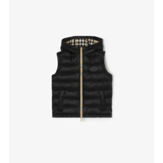 Puffer-väst med huva i nylon med rutmönstrad tejp