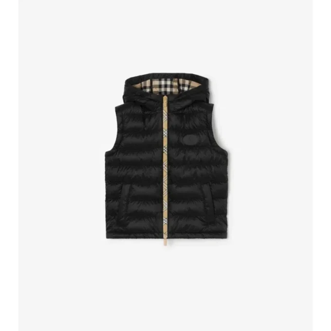 Puffer-väst med huva i nylon med rutmönstrad tejp Puffer-väst med huva i nylon med rutmönstrad tejp