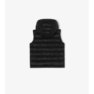 Puffer-väst med huva i nylon med rutmönstrad tejp