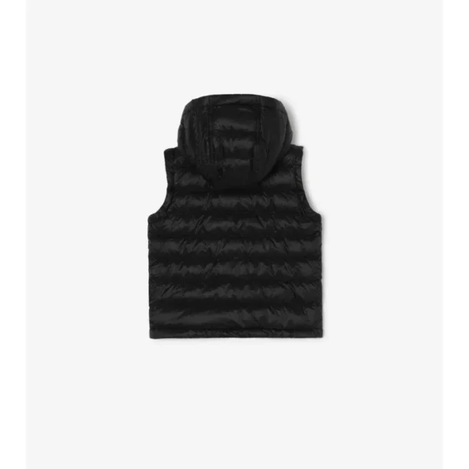 Puffer-väst med huva i nylon med rutmönstrad tejp Puffer-väst med huva i nylon med rutmönstrad tejp