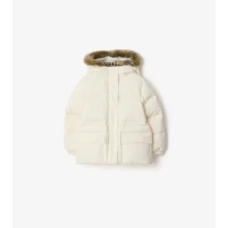 Pufferjacka i nylon med fuskpälskant