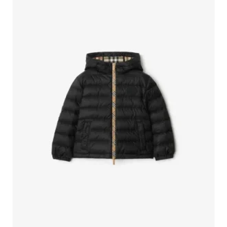 Pufferjacka med huva i nylon med rutmönster