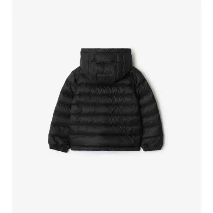 Pufferjacka med huva i nylon med rutmönster Pufferjacka med huva i nylon med rutmönster
