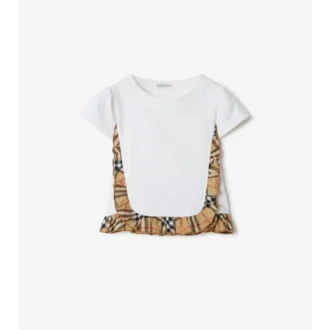 Rutig T-shirt i stretchbomull med volanger