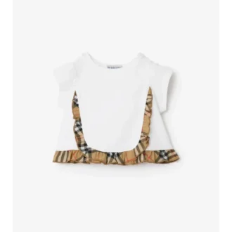 Rutig T-shirt i stretchbomull med volanger