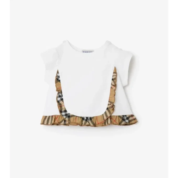 Rutig T-shirt i stretchbomull med volanger Rutig T-shirt i stretchbomull med volanger