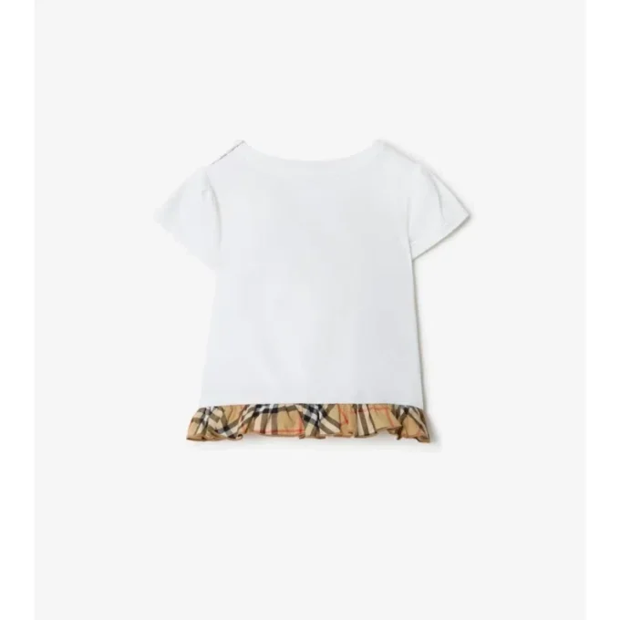 Rutig T-shirt i stretchbomull med volanger Rutig T-shirt i stretchbomull med volanger