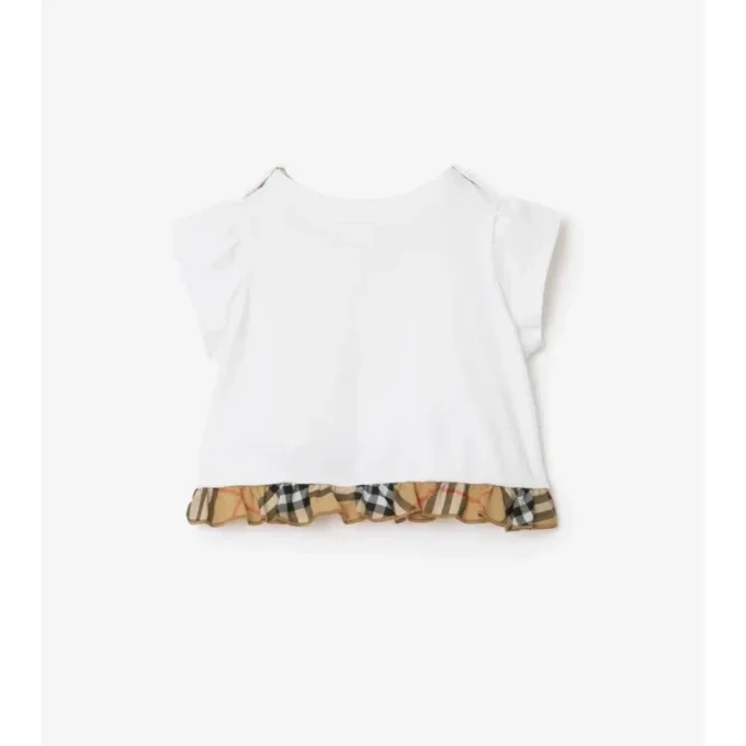 Rutig T-shirt i stretchbomull med volanger Rutig T-shirt i stretchbomull med volanger