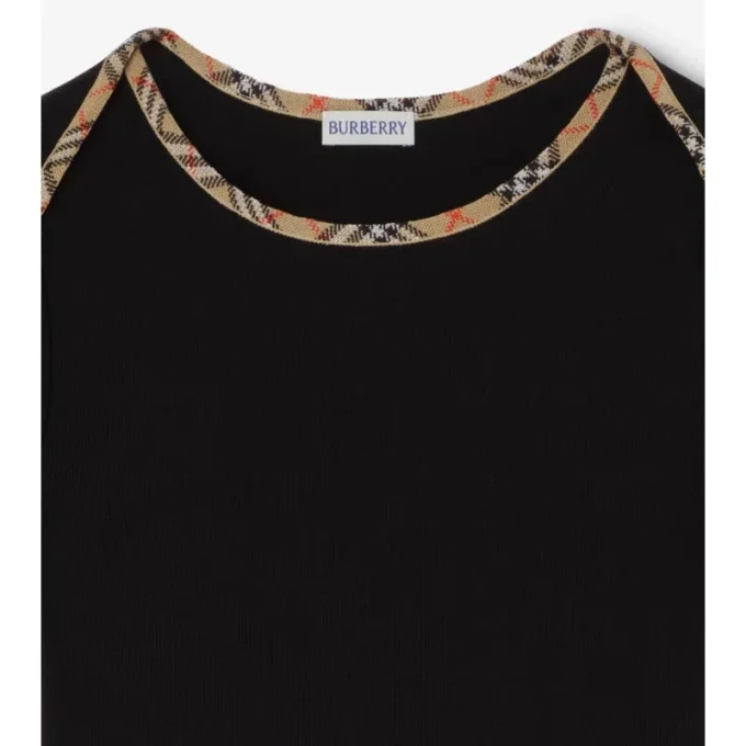 T-shirt i stretchbomull med rutmönstrad kant T-shirt i stretchbomull med rutmönstrad kant