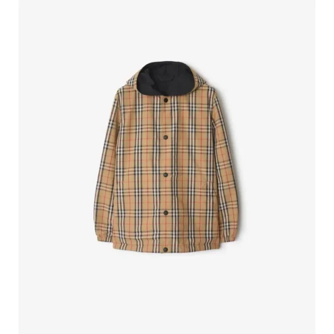 Vändbar nylonjacka med huva och rutmönster Vändbar nylonjacka med huva och rutmönster